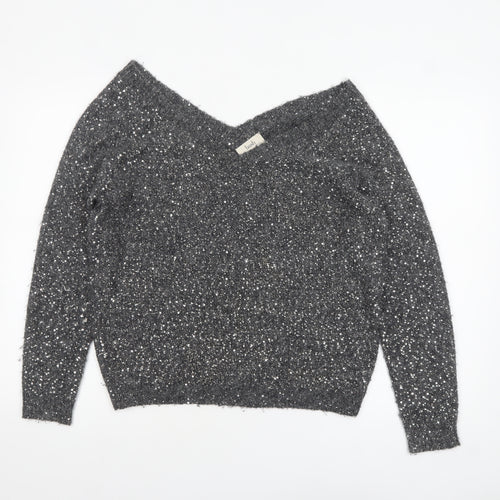 Hush Women’s Grey Sequin V-Neck Wool Blend Jumper Size S
