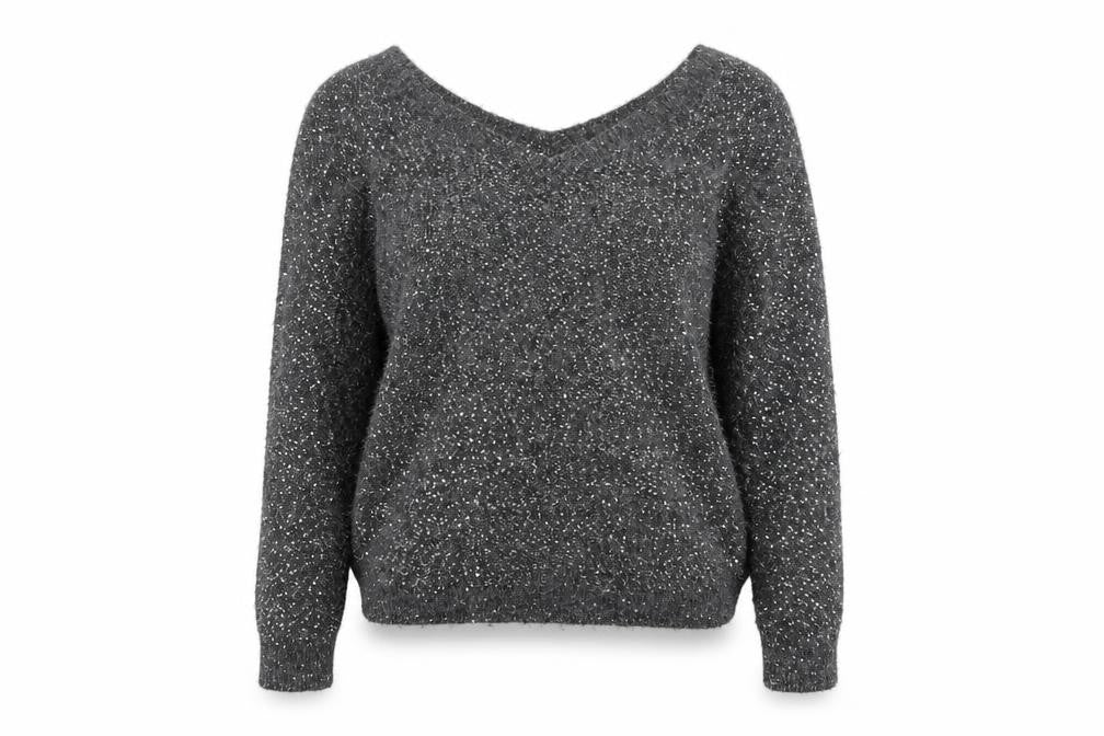 Front view of Hush Women’s Grey Sequin V-Neck Wool Blend Jumper, size S