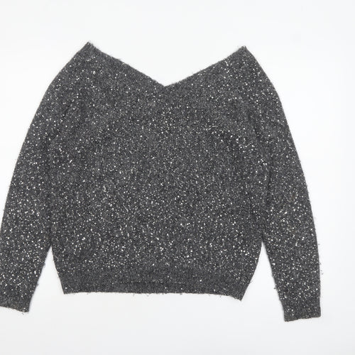 Hush Women’s Grey Sequin V-Neck Wool Blend Jumper Size S