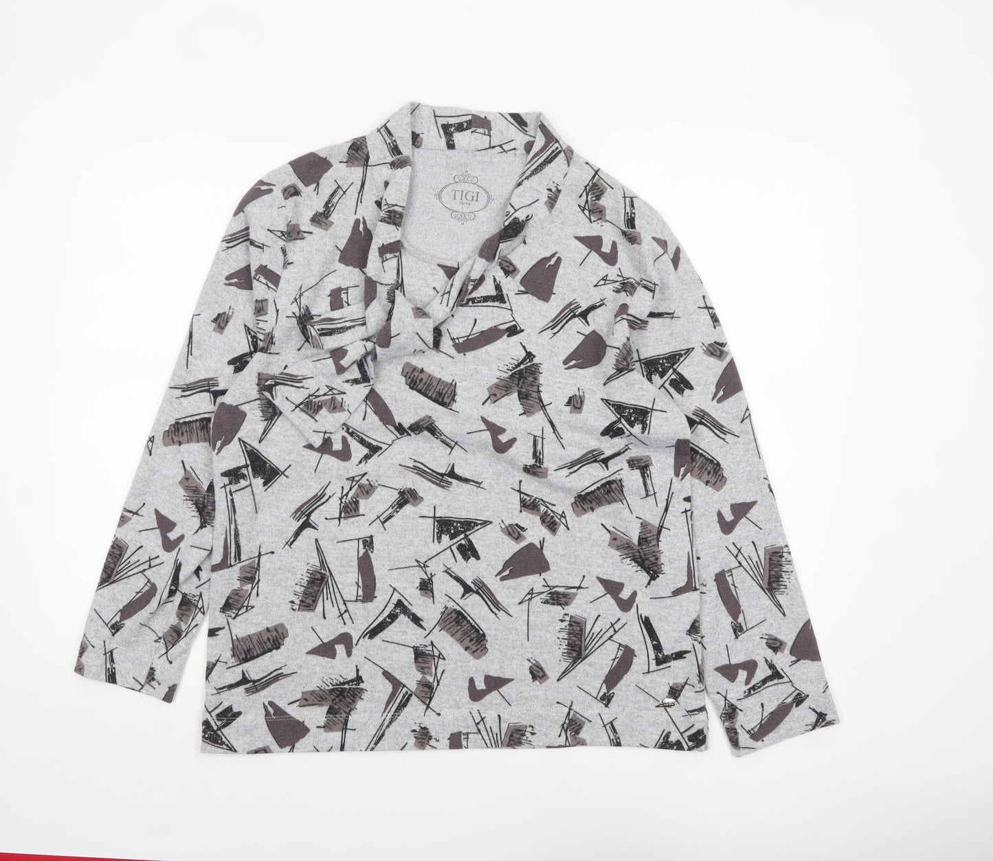 TIGI Women’s Grey Abstract Cowl Neck Long Sleeve Pullover Jumper Size 14/16