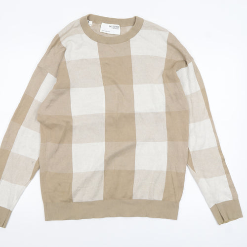 SELECTED HOMME Men Beige Check Cotton Crew Neck Jumper M