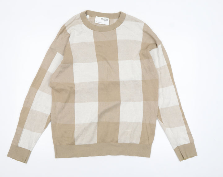 SELECTED HOMME Men Beige Check Cotton Crew Neck Jumper M
