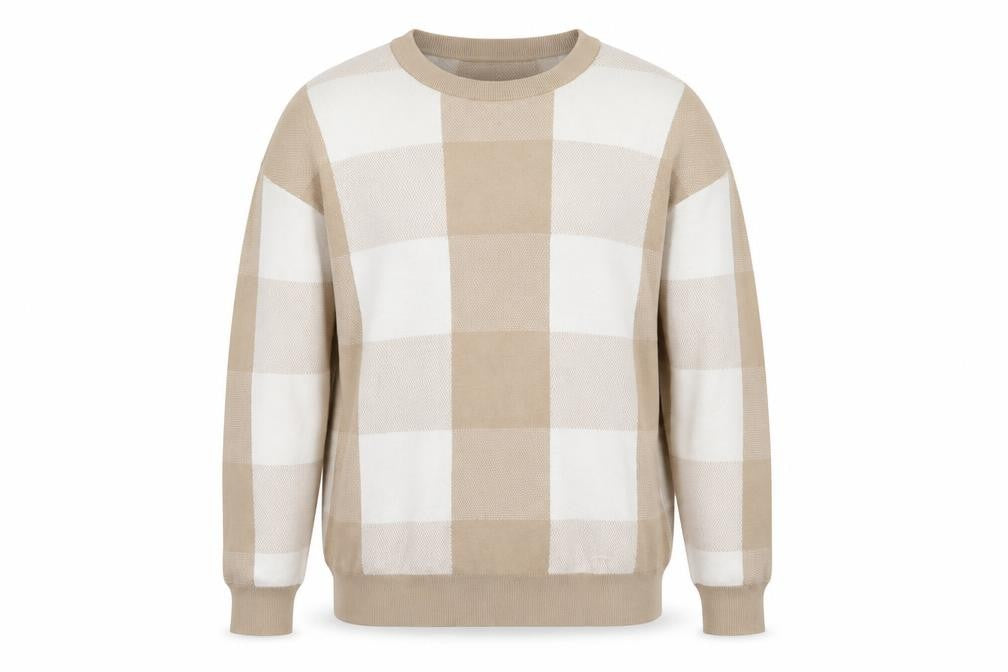 Front view of SELECTED HOMME Men Beige Check Cotton Crew Neck Jumper M