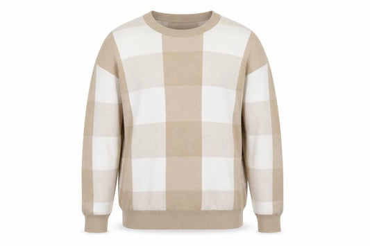 Front view of SELECTED HOMME Men Beige Check Cotton Crew Neck Jumper M