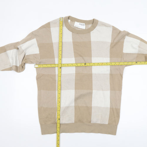 SELECTED HOMME Men Beige Check Cotton Crew Neck Jumper M