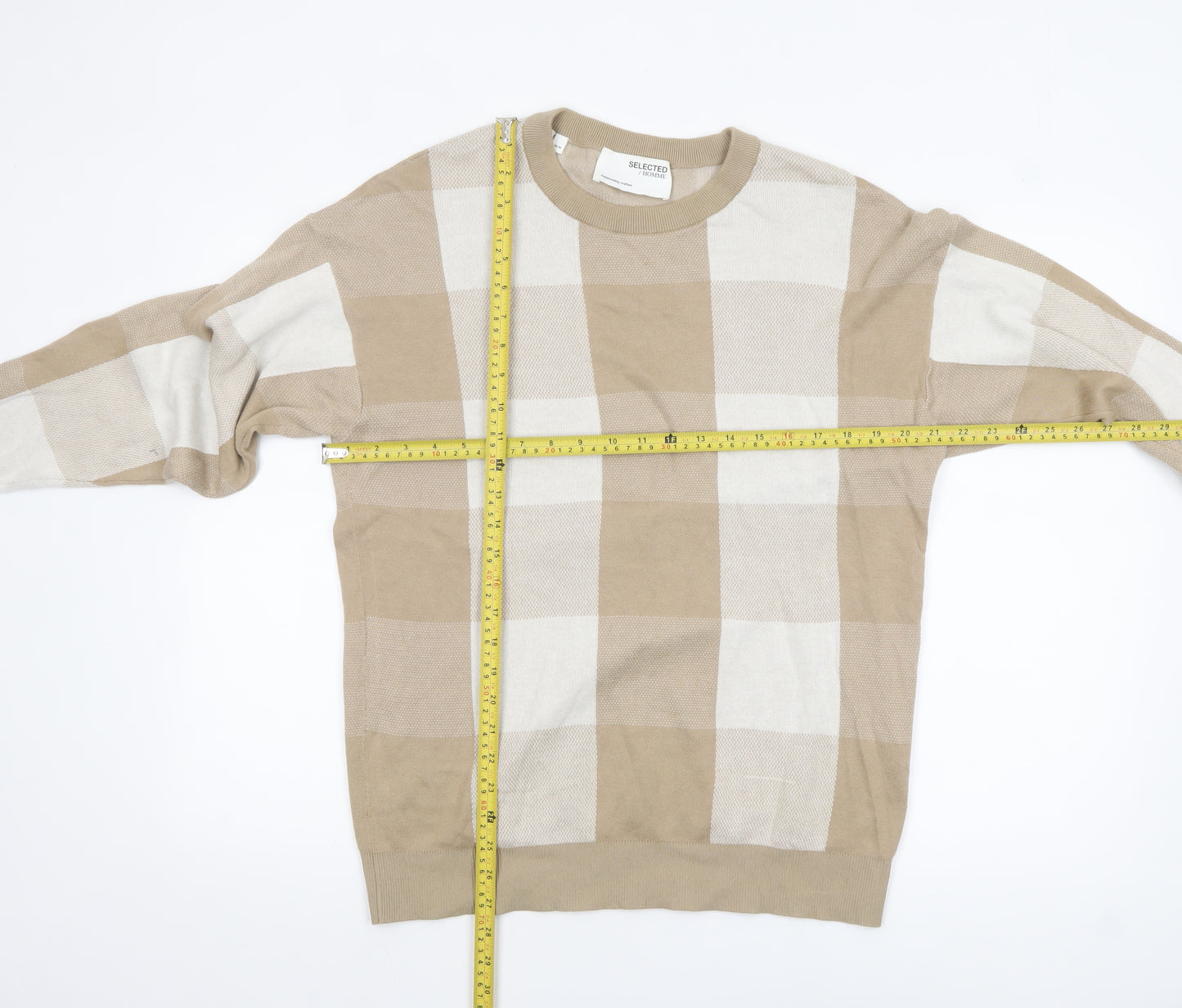 SELECTED HOMME Men Beige Check Cotton Crew Neck Jumper M