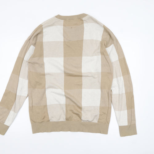 SELECTED HOMME Men Beige Check Cotton Crew Neck Jumper M