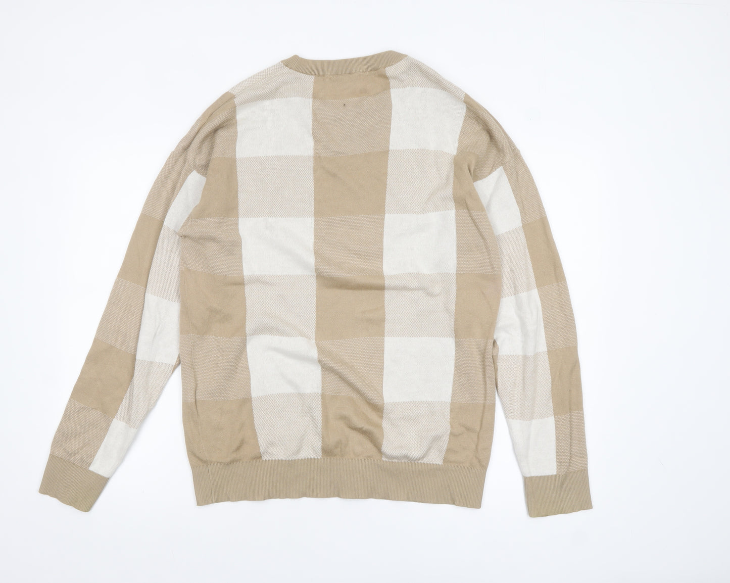 SELECTED HOMME Men Beige Check Cotton Crew Neck Jumper M