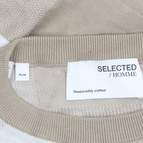 SELECTED HOMME Men Beige Check Cotton Crew Neck Jumper M