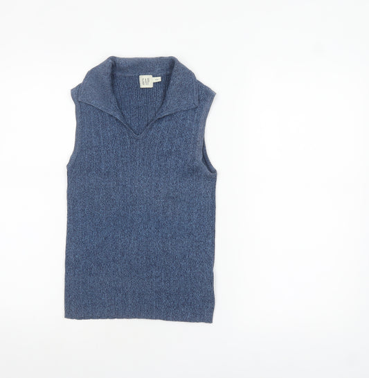 GAP Women Blue Collared Sleeveless Knit Cotton Tank Top M