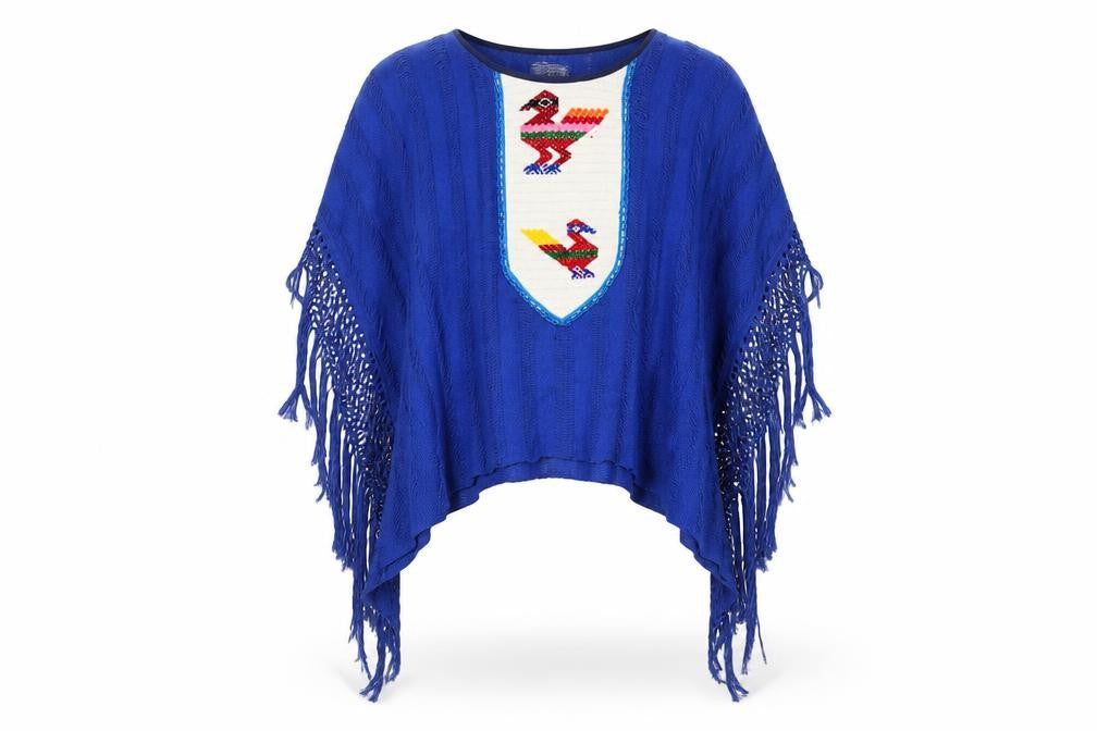 Front view of Elisema Women's Blue Bohemian Fringe Cape Poncho M