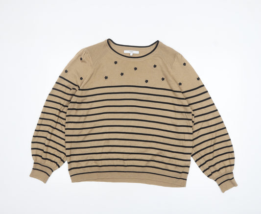 Next Womens Beige Black Striped Jumper L Long Sleeve Crew Neck