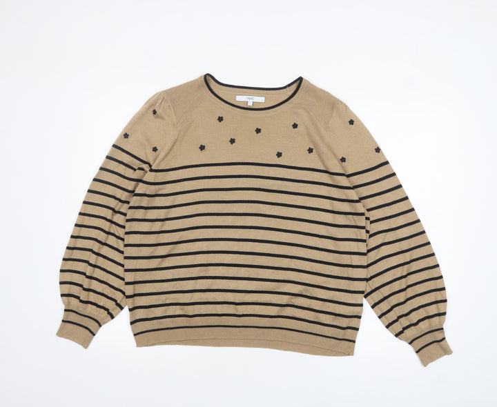 Next Womens Beige Black Striped Jumper L Long Sleeve Crew Neck