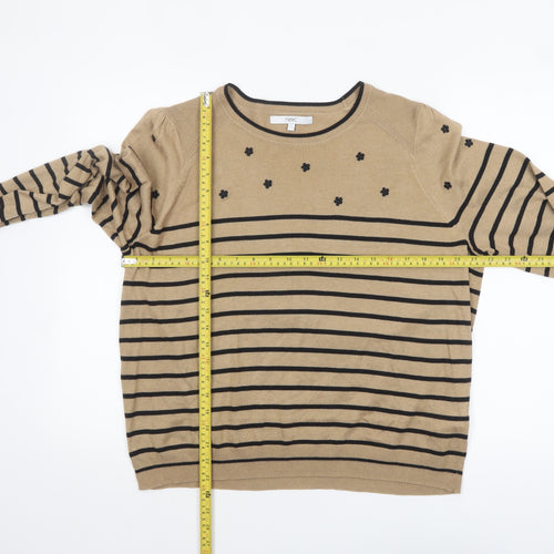 Next Womens Beige Black Striped Jumper L Long Sleeve Crew Neck
