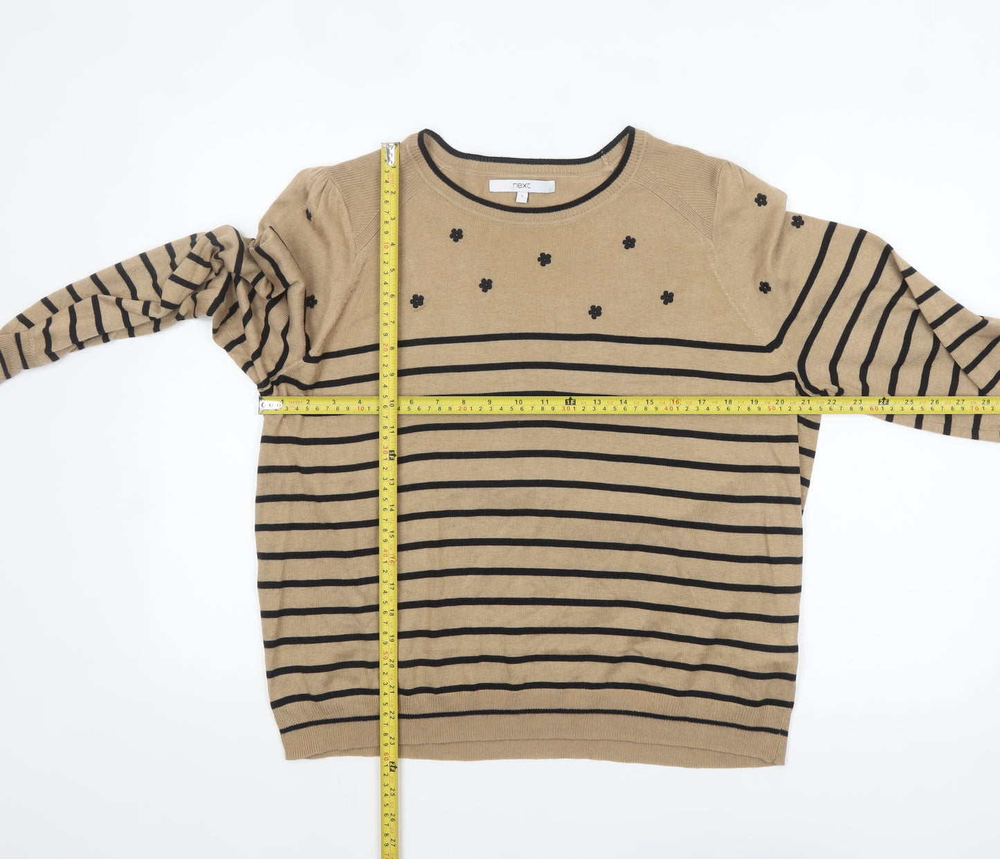 Next Womens Beige Black Striped Jumper L Long Sleeve Crew Neck