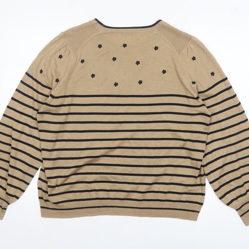 Next Womens Beige Black Striped Jumper L Long Sleeve Crew Neck