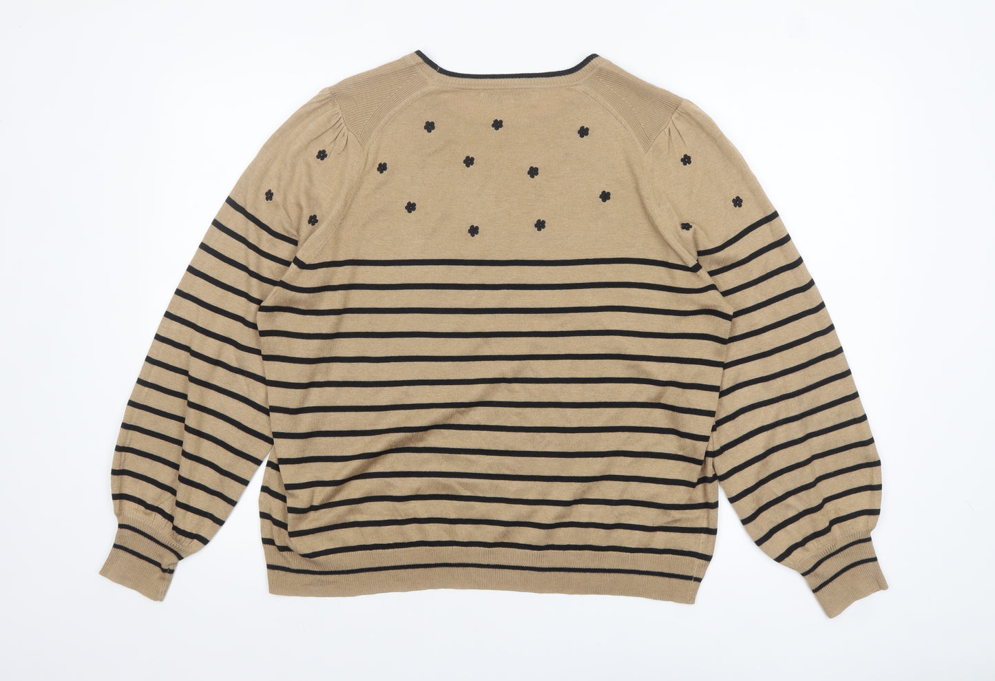 Next Womens Beige Black Striped Jumper L Long Sleeve Crew Neck