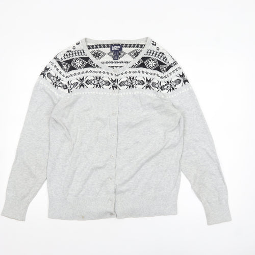 Lands' End Women Grey Fair Isle Cotton Cardigan L