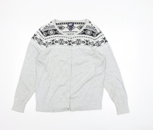 Lands' End Women Grey Fair Isle Cotton Cardigan L