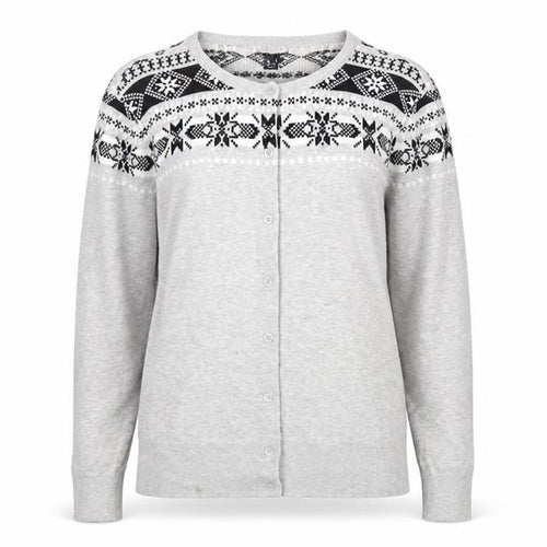 Lands' End Women Grey Fair Isle Cotton Cardigan L