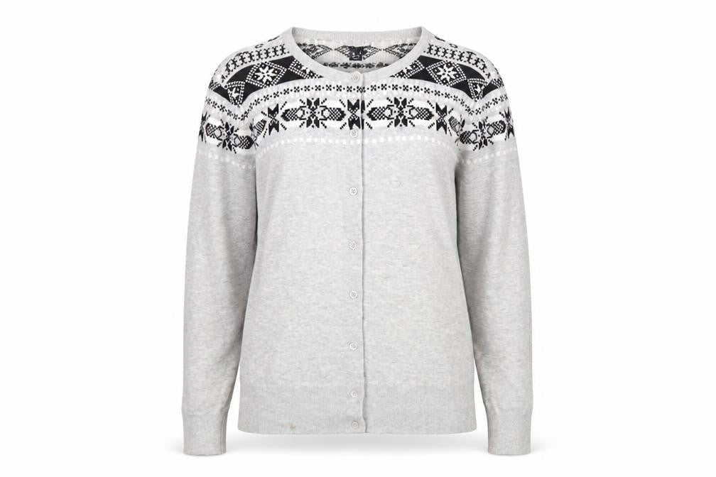 Lands' End Women Grey Fair Isle Cotton Cardigan L