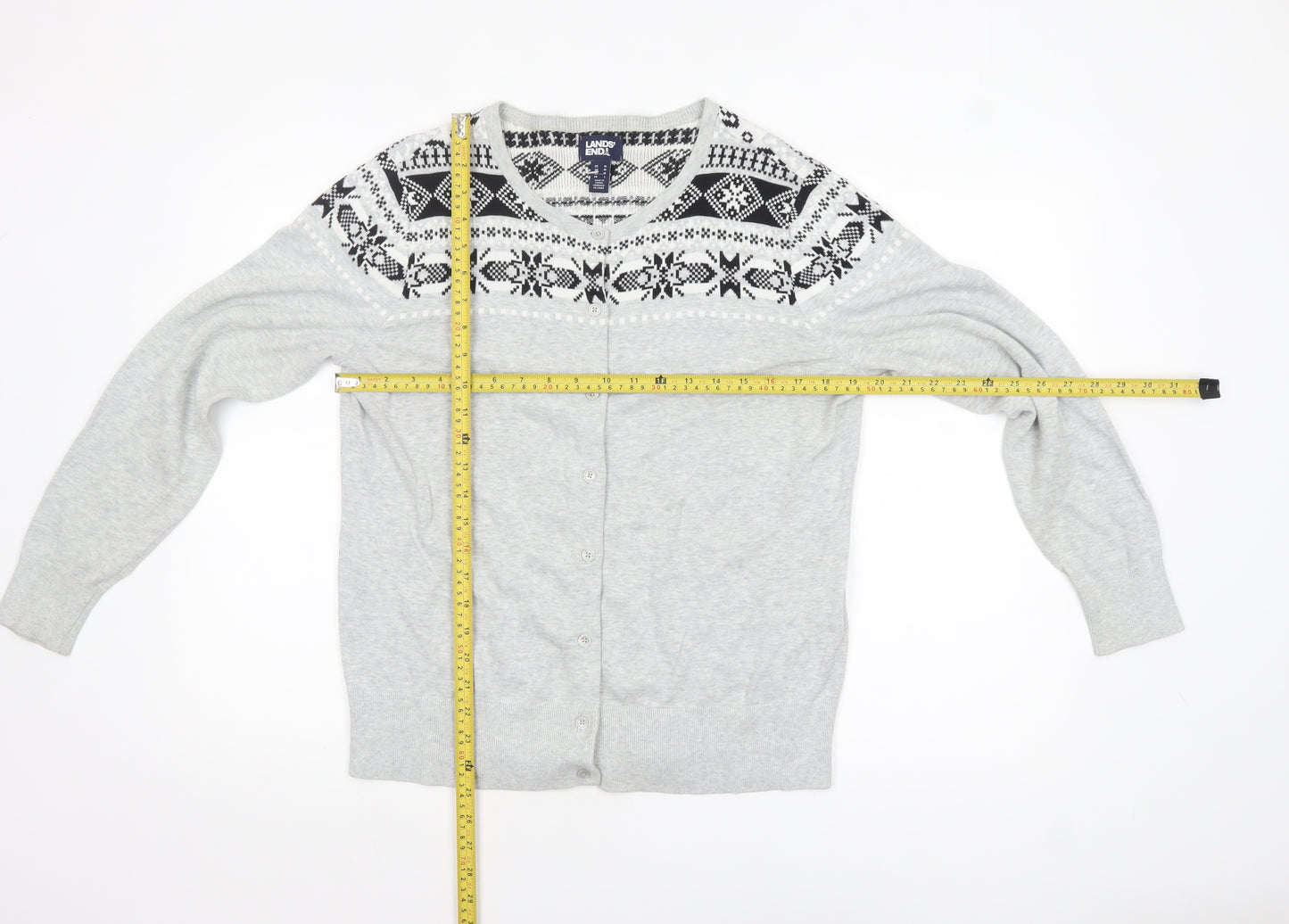 Lands' End Women Grey Fair Isle Cotton Cardigan L