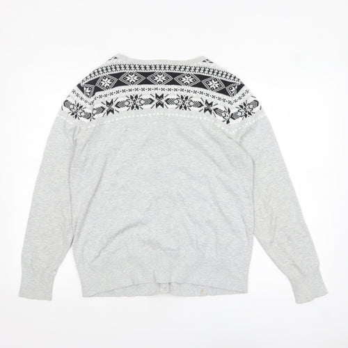 Lands' End Women Grey Fair Isle Cotton Cardigan L