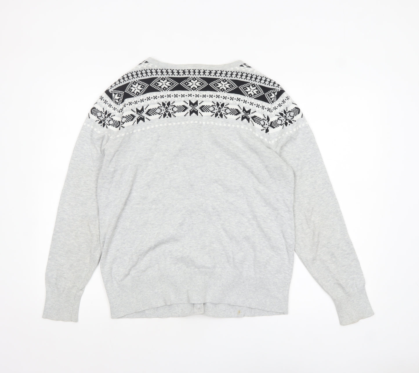 Lands' End Women Grey Fair Isle Cotton Cardigan L