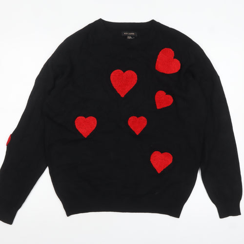 QED London Womens Black Red Heart Pullover Jumper Size S