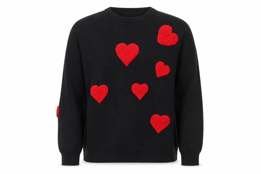 Front view of QED London women’s black red heart jumper, size S