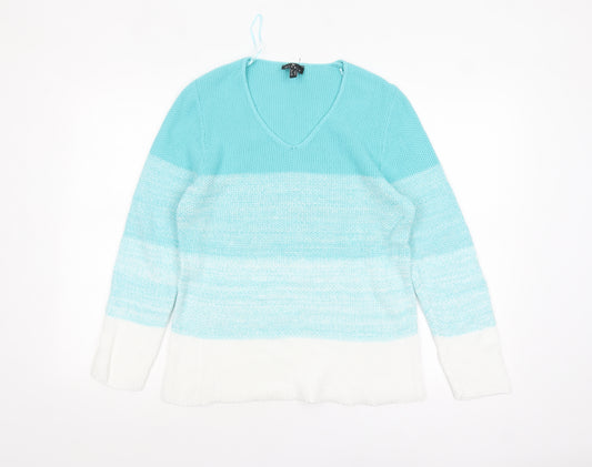 Marble Women's Blue V-Neck Striped Knit Jumper Size 10