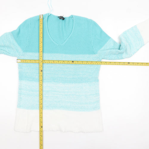 Marble Women's Blue V-Neck Striped Knit Jumper Size 10