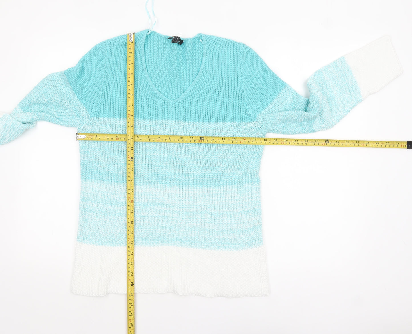 Marble Women's Blue V-Neck Striped Knit Jumper Size 10