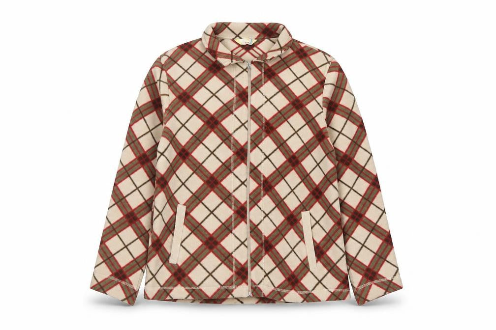 Front view of Alie Callina Women's Beige Check Fleece Zip Jacket, size 16