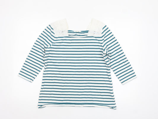 White Stuff Women Blue Striped 3/4 Sleeve Cotton Boat Neck Top Size 12