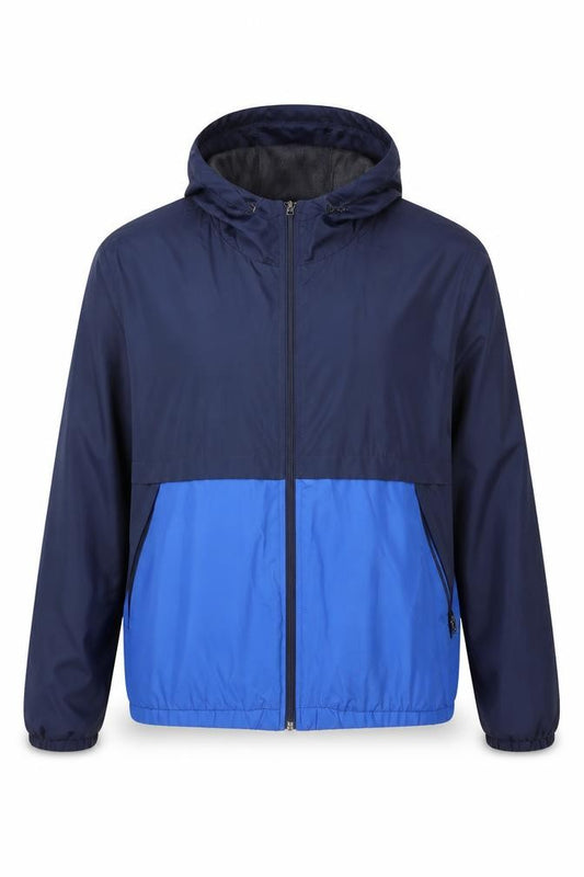 Front view of Topman Men's Blue Hooded Windbreaker Jacket, size L, Regular Fit
