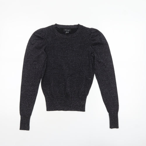 New Look Women's Black Glitter Puff Sleeve Crew Neck Jumper Size 4