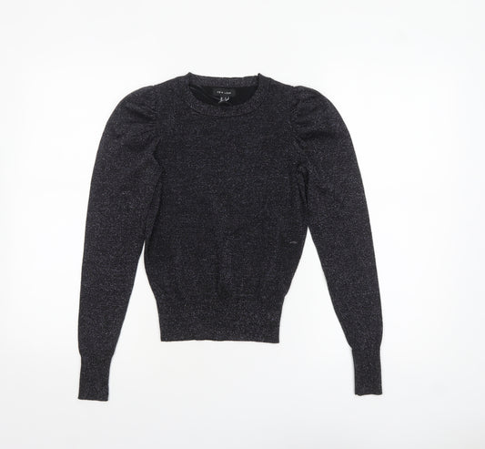 New Look Women's Black Glitter Puff Sleeve Crew Neck Jumper Size 4