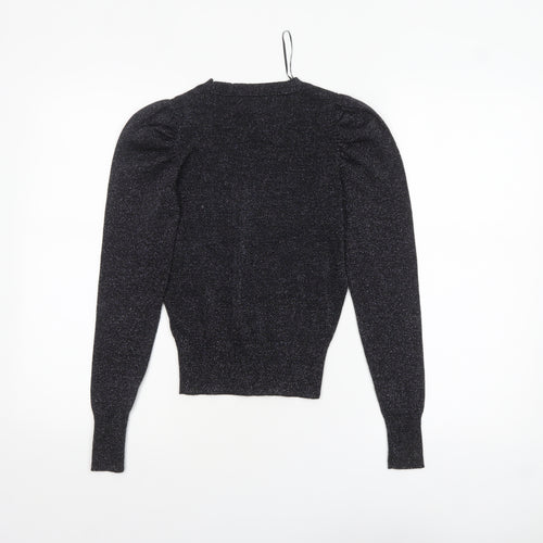 New Look Women's Black Glitter Puff Sleeve Crew Neck Jumper Size 4
