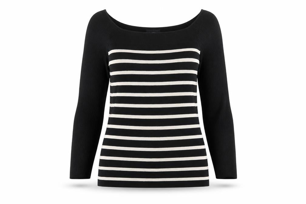 Front view of I W I women’s black striped boat neck long sleeve jumper m