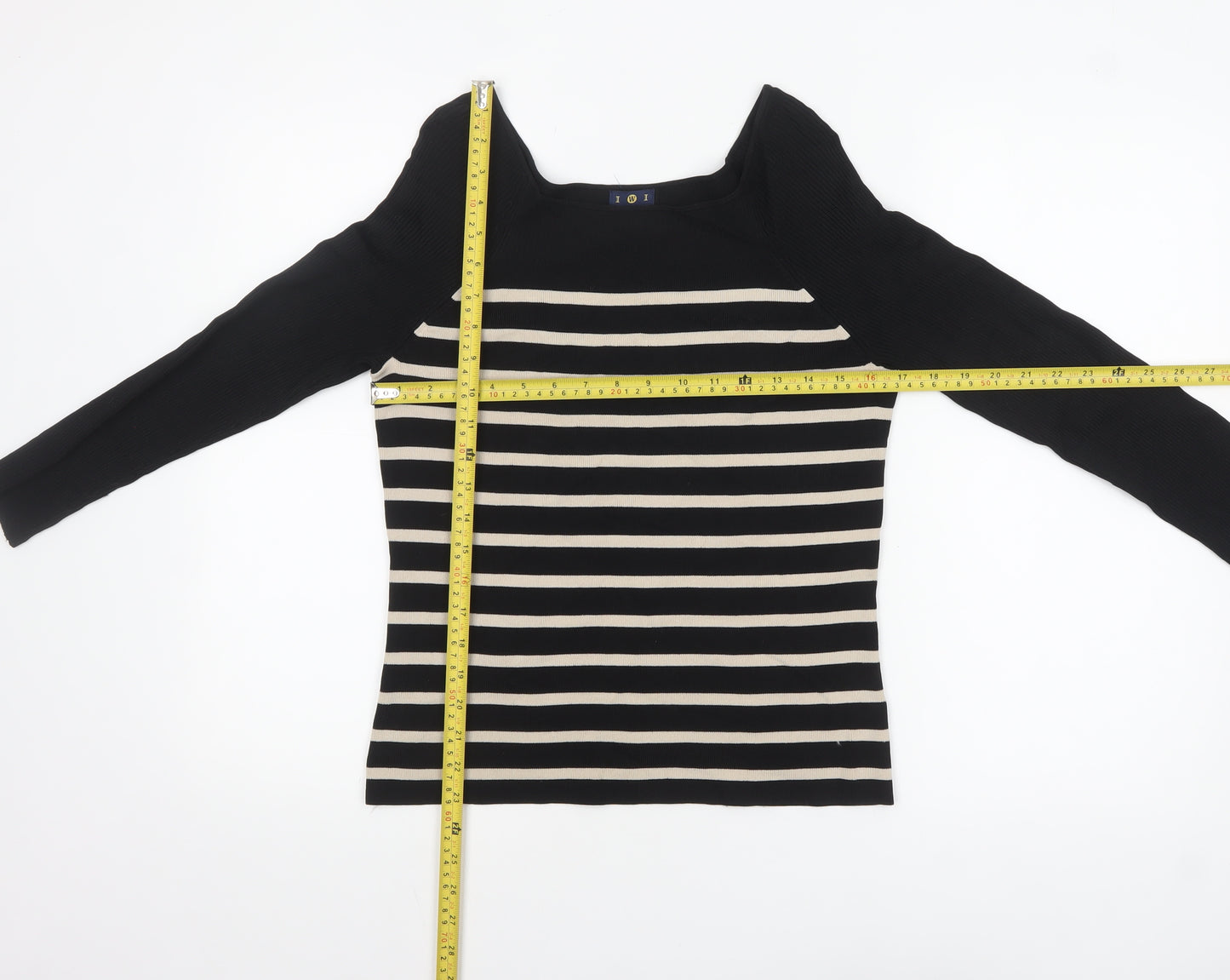 I W I Womens Black Striped Boat Neck Long Sleeve Pullover Jumper M