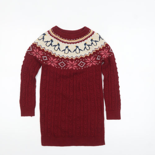 FatFace Girls Red Penguin Fair Isle Knit Jumper Dress Size 6-7 Years Winter
