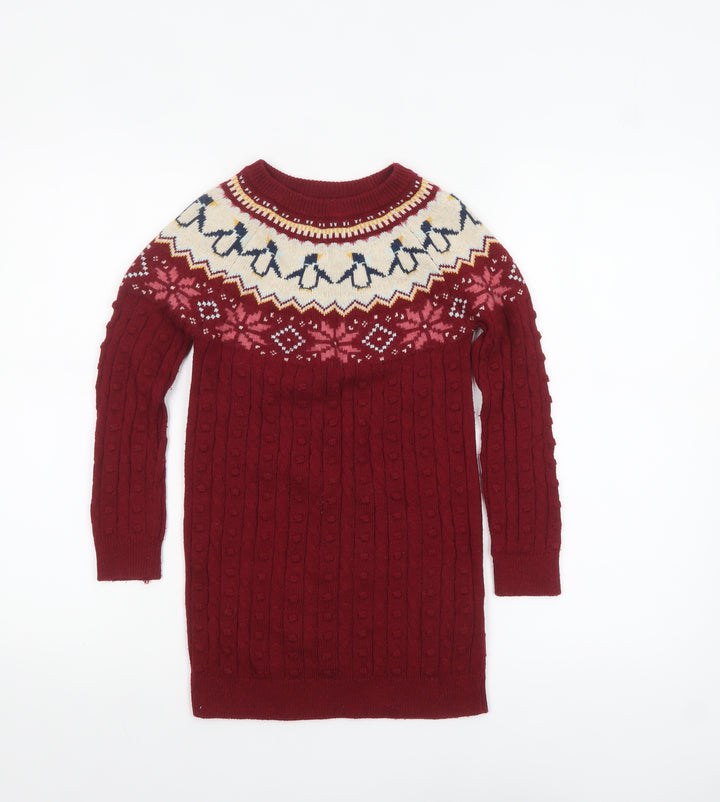 FatFace Girls Red Penguin Fair Isle Knit Jumper Dress Size 6-7 Years Winter