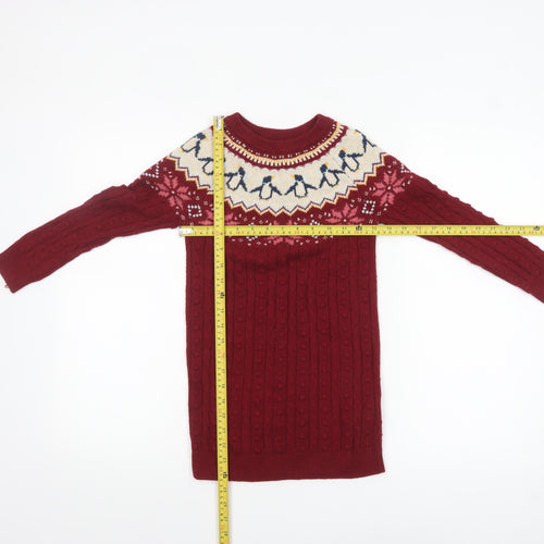 FatFace Girls Red Penguin Fair Isle Knit Jumper Dress Size 6-7 Years Winter