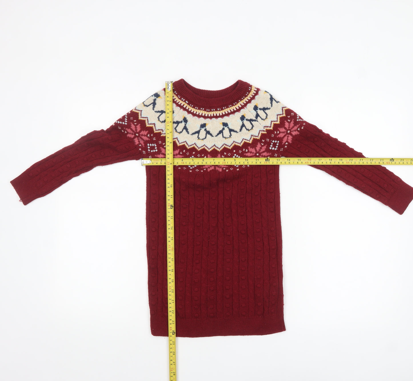 FatFace Girls Red Penguin Fair Isle Knit Jumper Dress Size 6-7 Years Winter