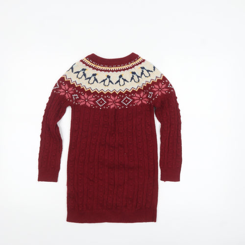 FatFace Girls Red Penguin Fair Isle Knit Jumper Dress Size 6-7 Years Winter