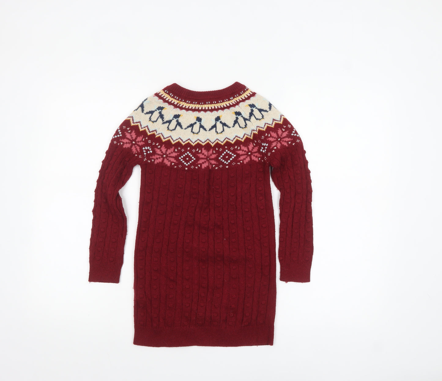 FatFace Girls Red Penguin Fair Isle Knit Jumper Dress Size 6-7 Years Winter