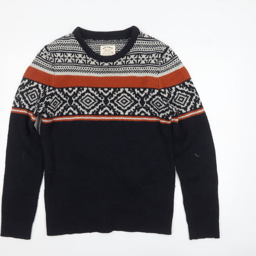 Fat Face Men's Blue Fair Isle Crew Neck Wool Blend Jumper Size S