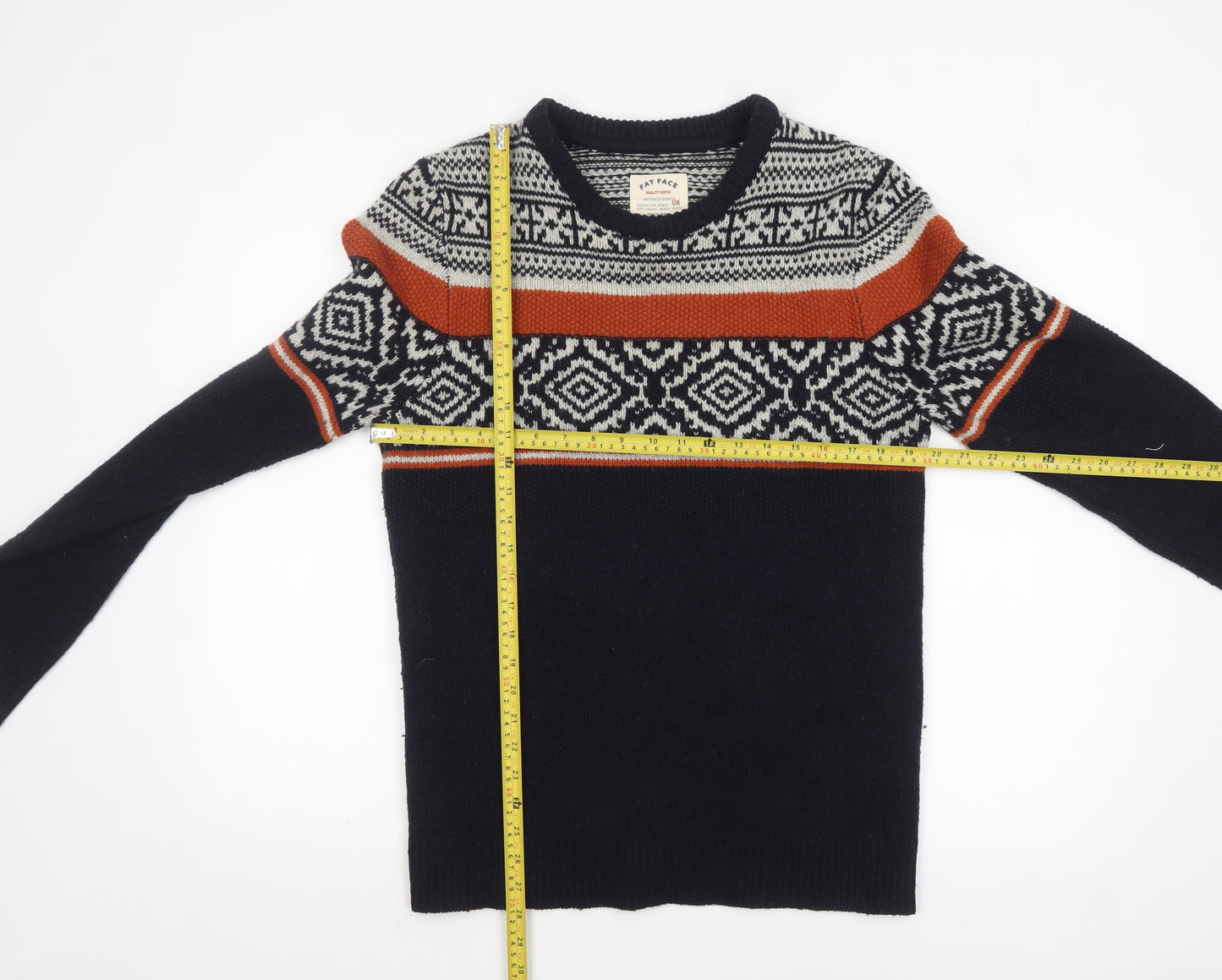 Fat Face Men's Blue Fair Isle Crew Neck Wool Blend Jumper Size S