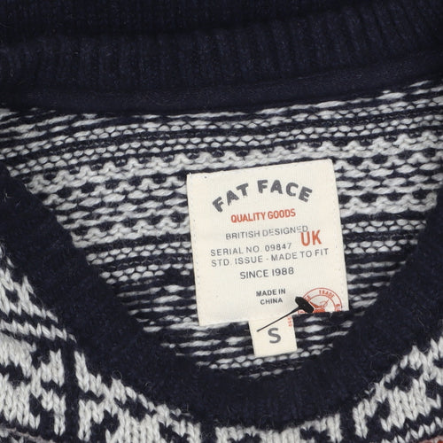 Fat Face Men's Blue Fair Isle Crew Neck Wool Blend Jumper Size S
